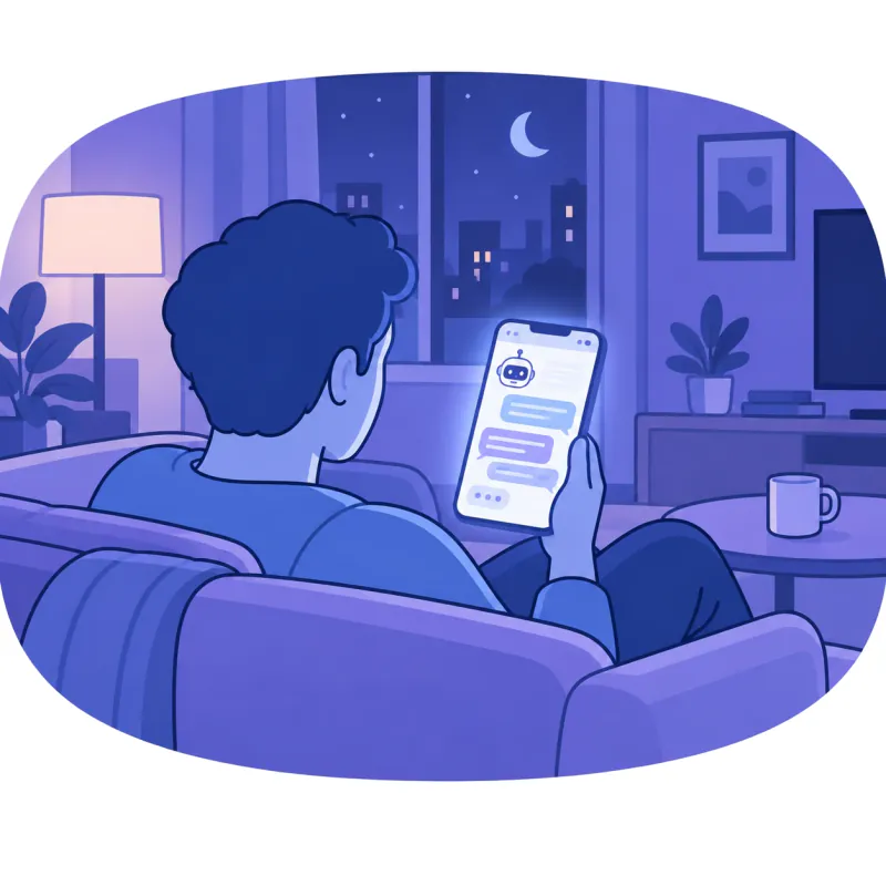 A person on a couch at night, chatting with an AI assistant on a phone.