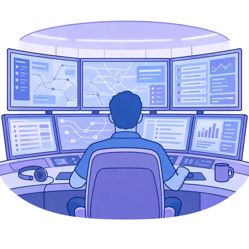 An operator seated before a wall of control-room monitors.
