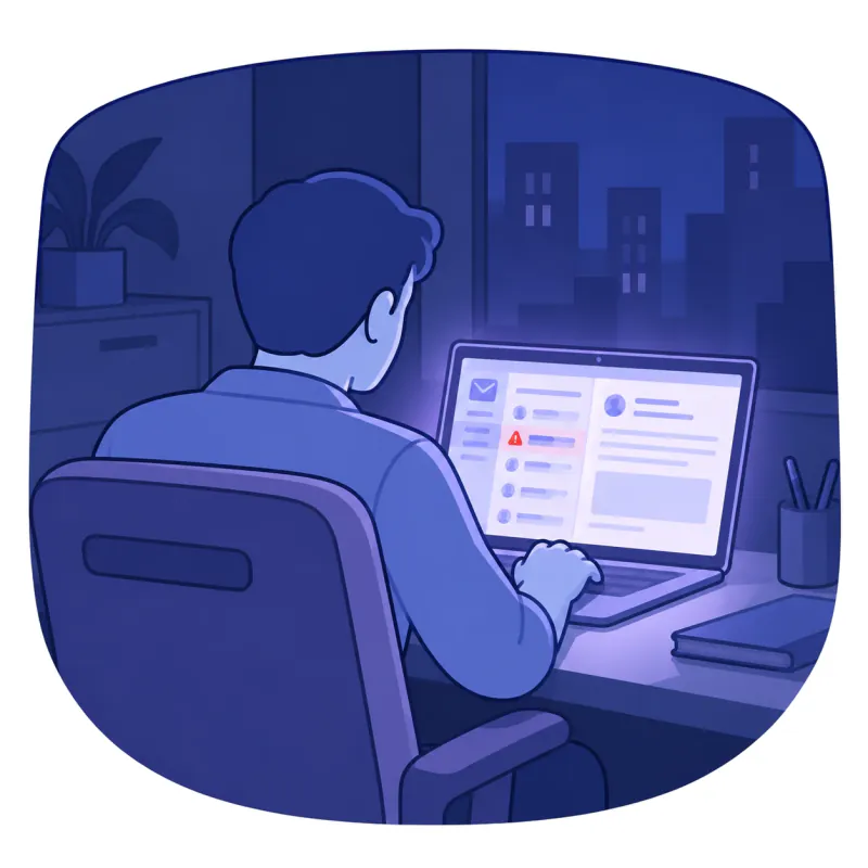A person working late at a laptop, one email in the inbox flagged with a warning.