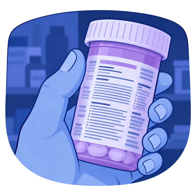 A hand holding a prescription bottle with a dense, small-print label.