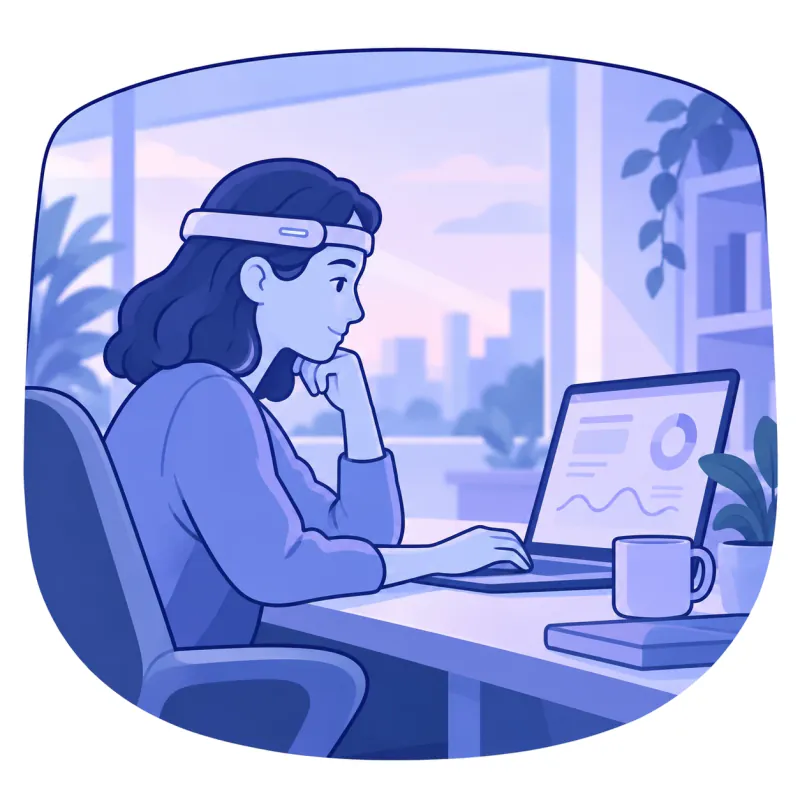 A woman at a desk wearing a consumer EEG headband, a waveform on her laptop screen.