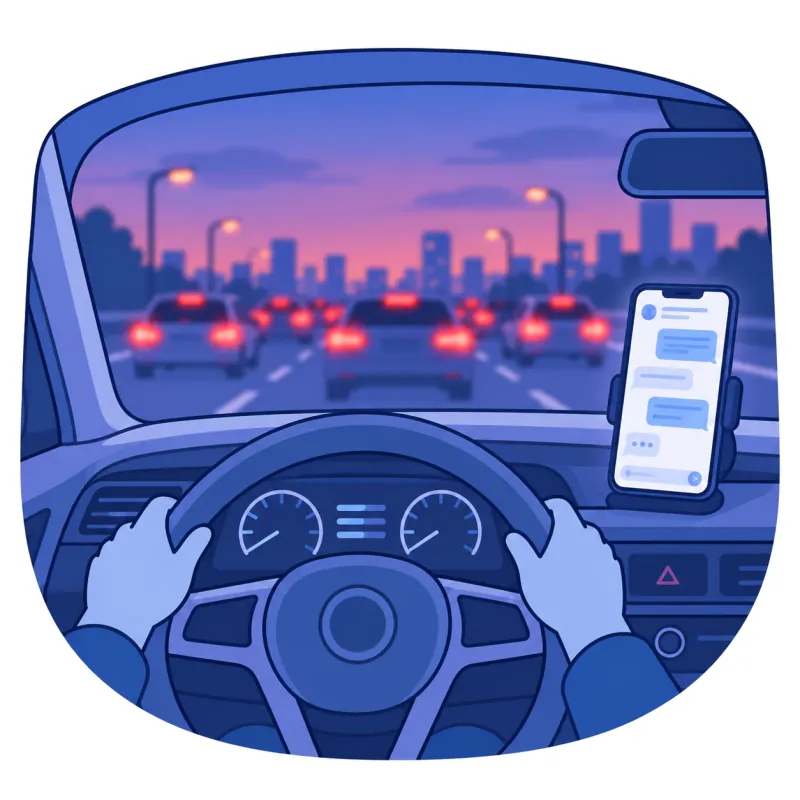 A driver's view in traffic at dusk, a text conversation open on a phone mounted on the dashboard.